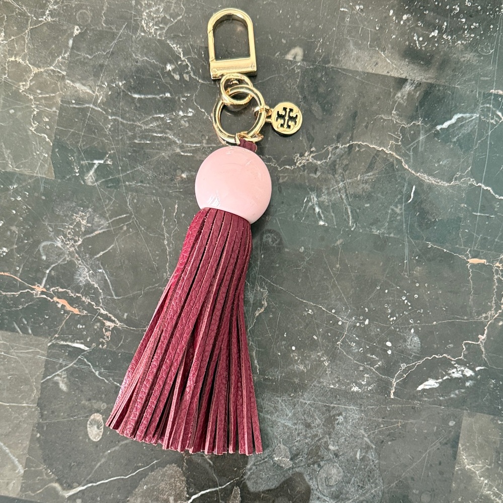 Tory Burch resin bead leather pink and burgundy tassel